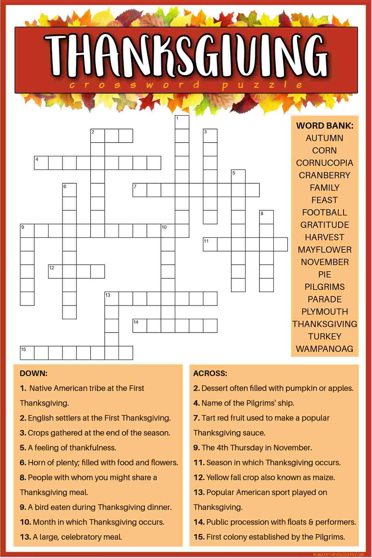 A free printable Thanksgiving crossword puzzle with a word bank to the right of the word puzzle, and the clues at the bottom in orange boxes.