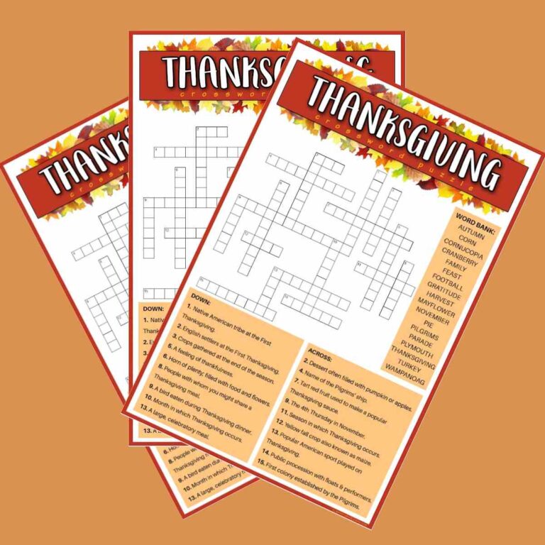 Three free printable Thanksgiving crosswords fanned out across a light orange background.