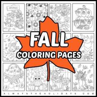 A square collage of 12 free coloring sheets for fall with an orange leaf silhouette in the center of them, with the words fall coloring pages on top of the leaf.