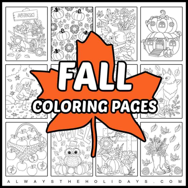A square collage of 12 free coloring sheets for fall with an orange leaf silhouette in the center of them, with the words fall coloring pages on top of the leaf.