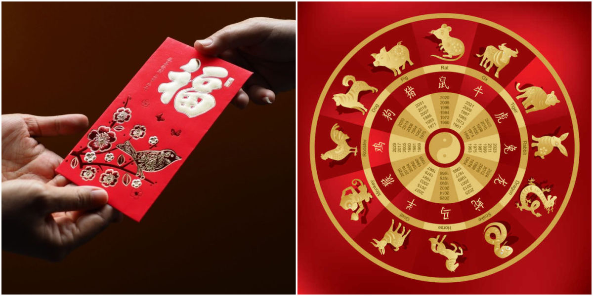 A collage with images of Chinese red envelope and wheel with Zodiac animals for the Chinese New Year.