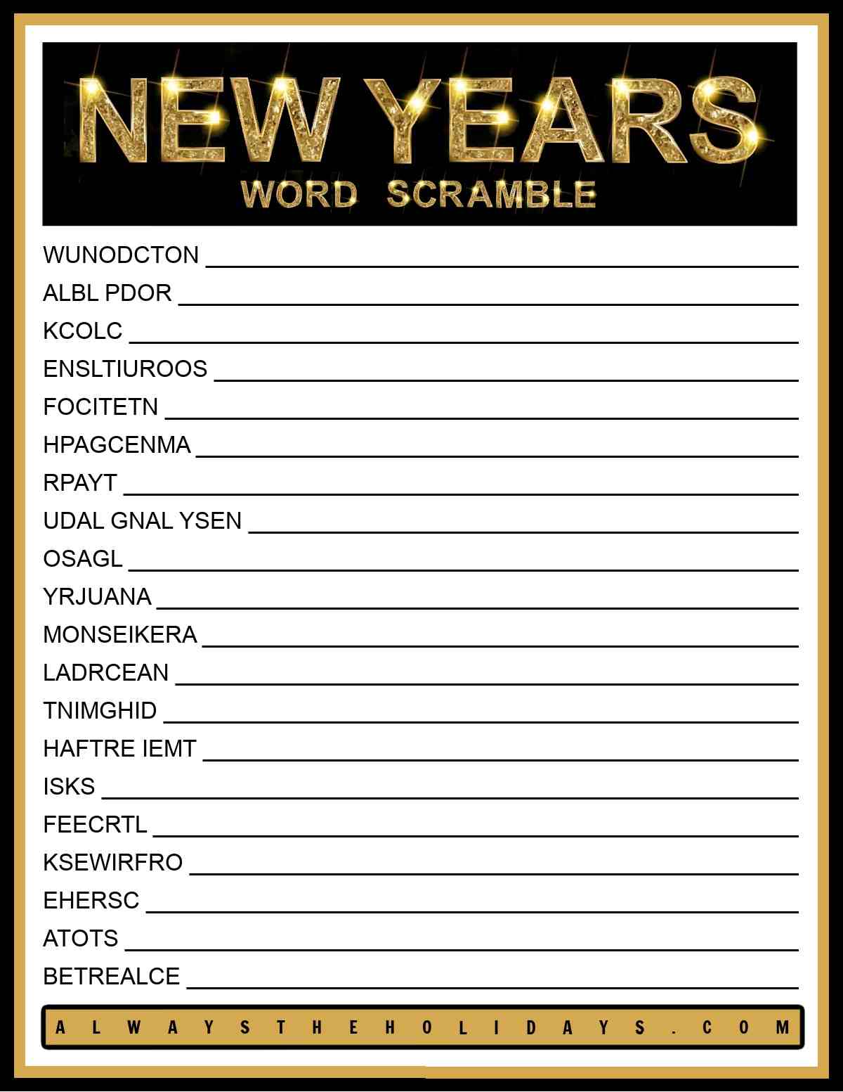 A New Year's Eve word scramble with the jumbled words in black font under a sparkly gold text overlay that says New Year's word scramble.