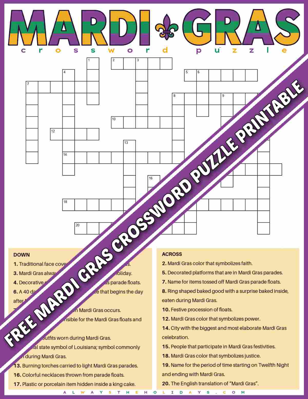 A Mardi Gras word puzzle, with a purple banner running across it with white text that says free Mardi Gras crossword puzzle printable.