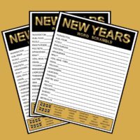 Three New Year's word scrambles with word banks fanned out across a light gold background.