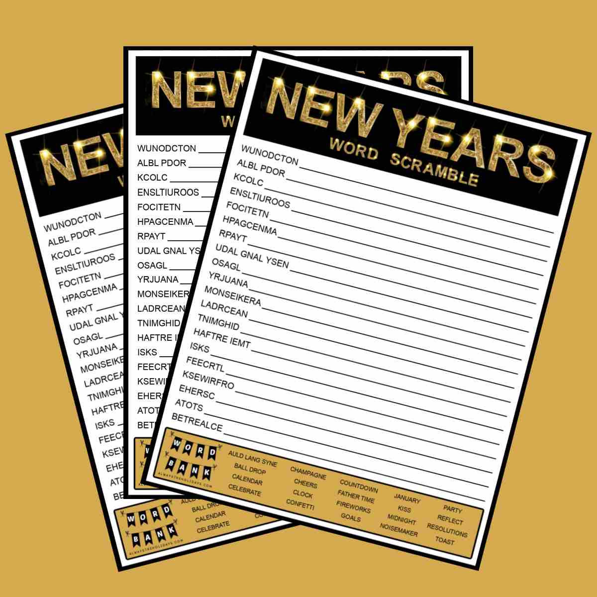 New Year word scrambles Three New Year's word scrambles with word banks fanned out across a light gold background.