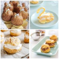 A collage of four easy cream puff recipes for National Cream Puff Day. From the top left going clockwise they are Totoro earl grey cream puffs, a swan cream puff, nutella cream puffs and a giant German cream puff.