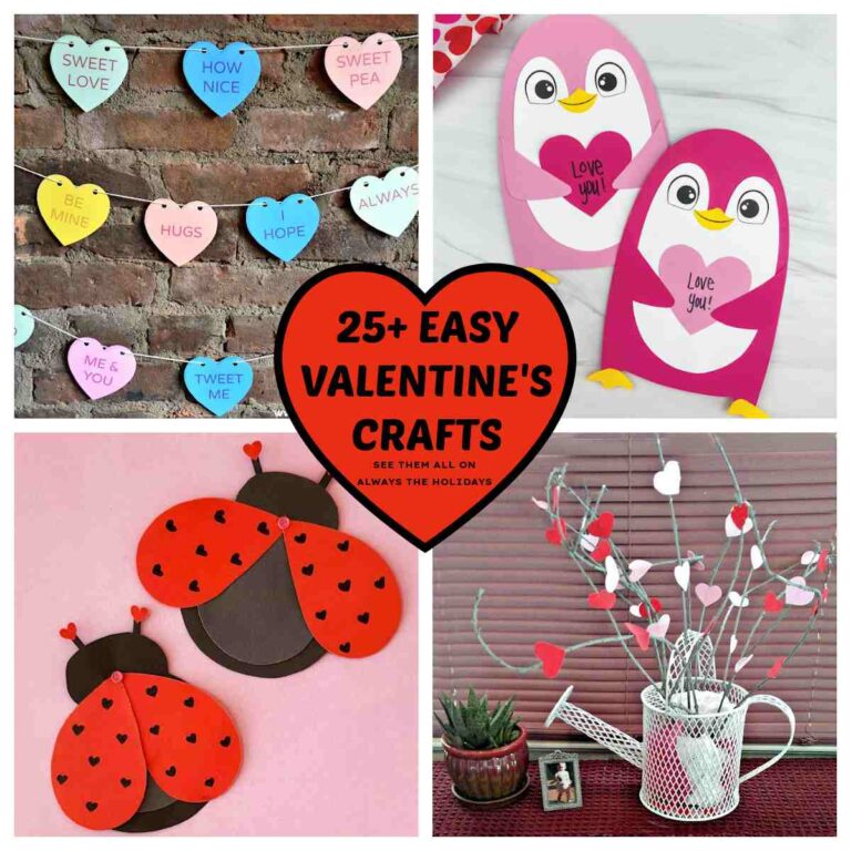Four fun Valentine's Day crafts including conversation hearts, penguin Valentines, a heart tree and lady bug Valentines with a text overlay that says easy Valentine's crafts in black lettering in a red heart in the center.
