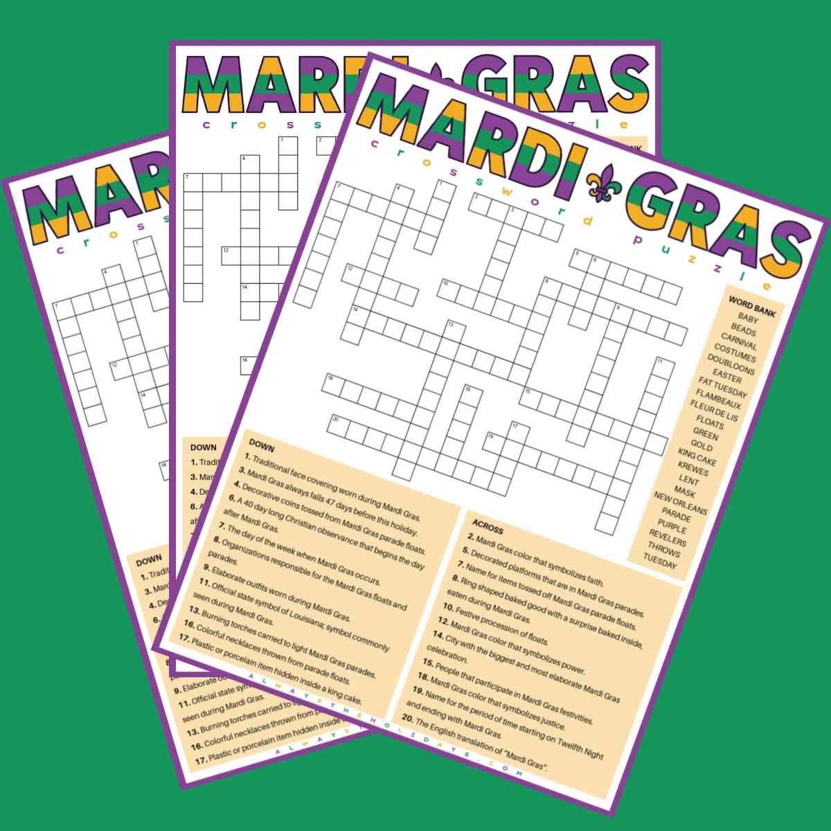 Three Mardi Gras crosswords with a word bank fanned out across a green background.