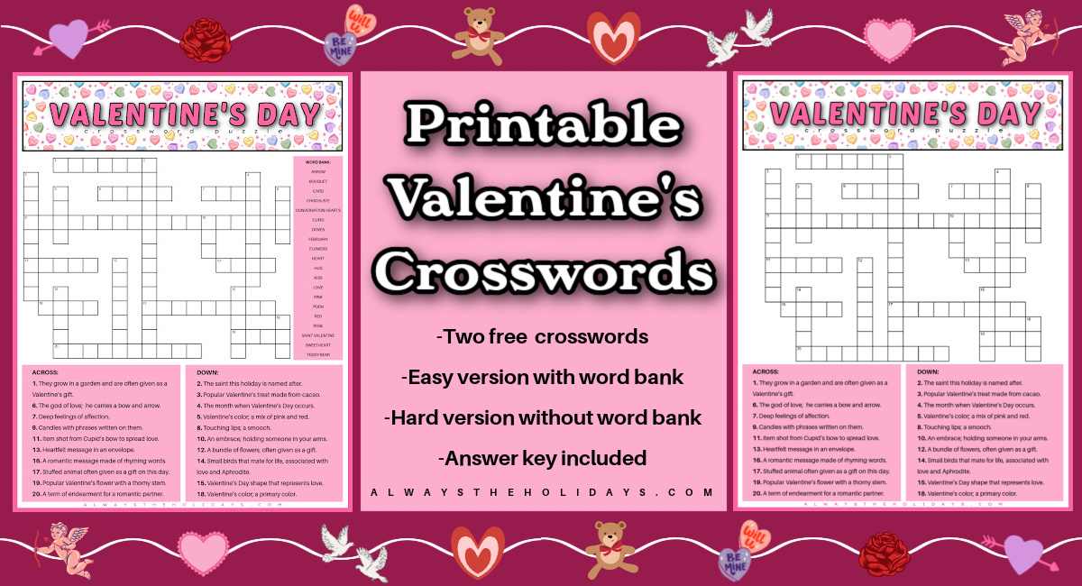 Valentine's crossword puzzles collage Two free printable Valentine's crossword puzzles flanking a pink box with a text overlay on it that describes the Valentine's crosswords.