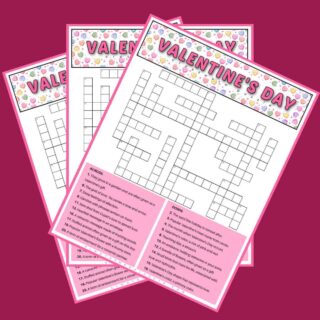 Three free printable Valentine's crosswords fanned out across a deep pink background.