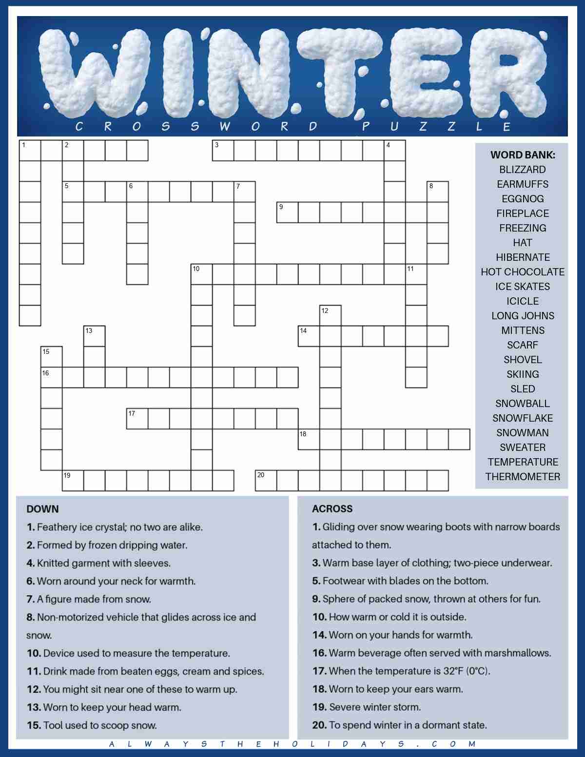 A free winter crossword puzzle printable with the clues at the bottom, the winter word puzzle in the center, with a word bank to the right of it, and bubble lettering that says winter at the top.