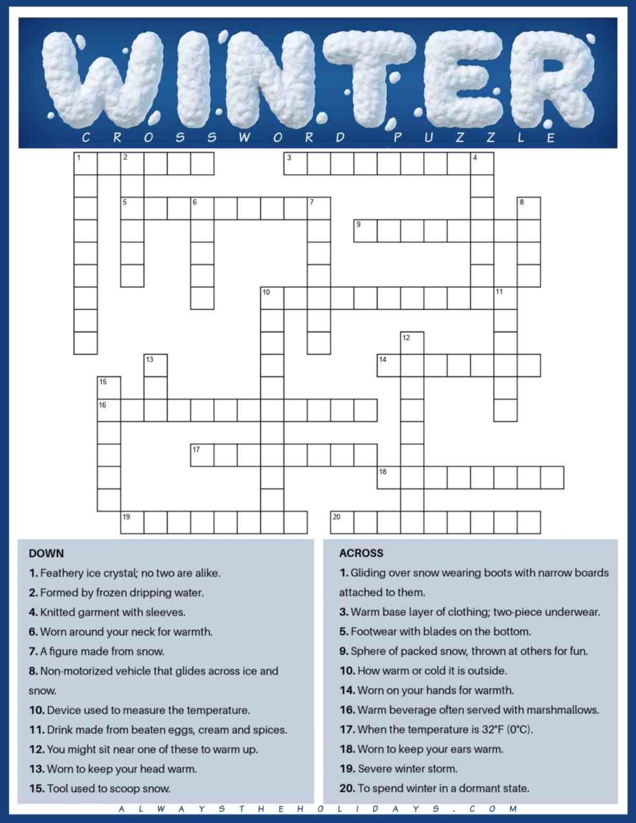 Free Winter Crossword Puzzle Printable with Answers (PDF & JPG)
