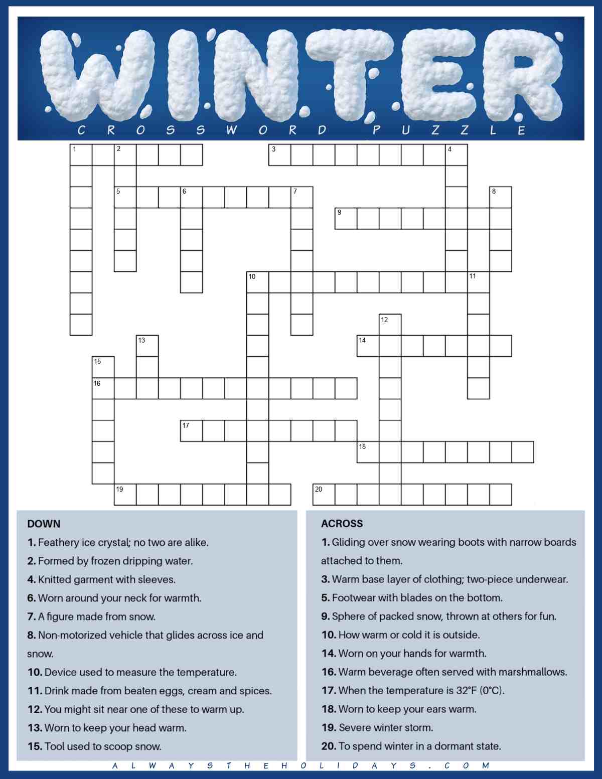 A winter crossword puzzle free printable with the clues at the bottom, the winter word puzzle in the center, and a blue rectangle at the top with the word winter made out of snow, and small lettering that says crossword puzzle underneath it.