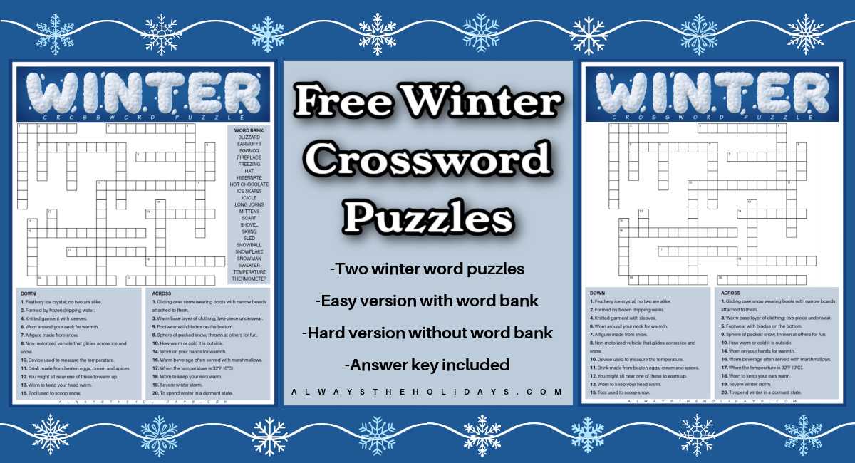 Two free winter printable crossword puzzles, the one on the left with a word bank and the one on the right without a word bank, flanking a light blue box of text that says free winter crossword puzzles.