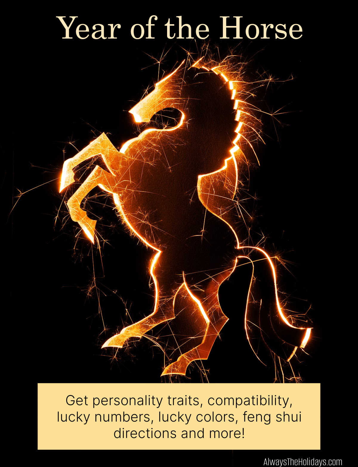 A golden horse on a black background signifying the Year of the Horse.