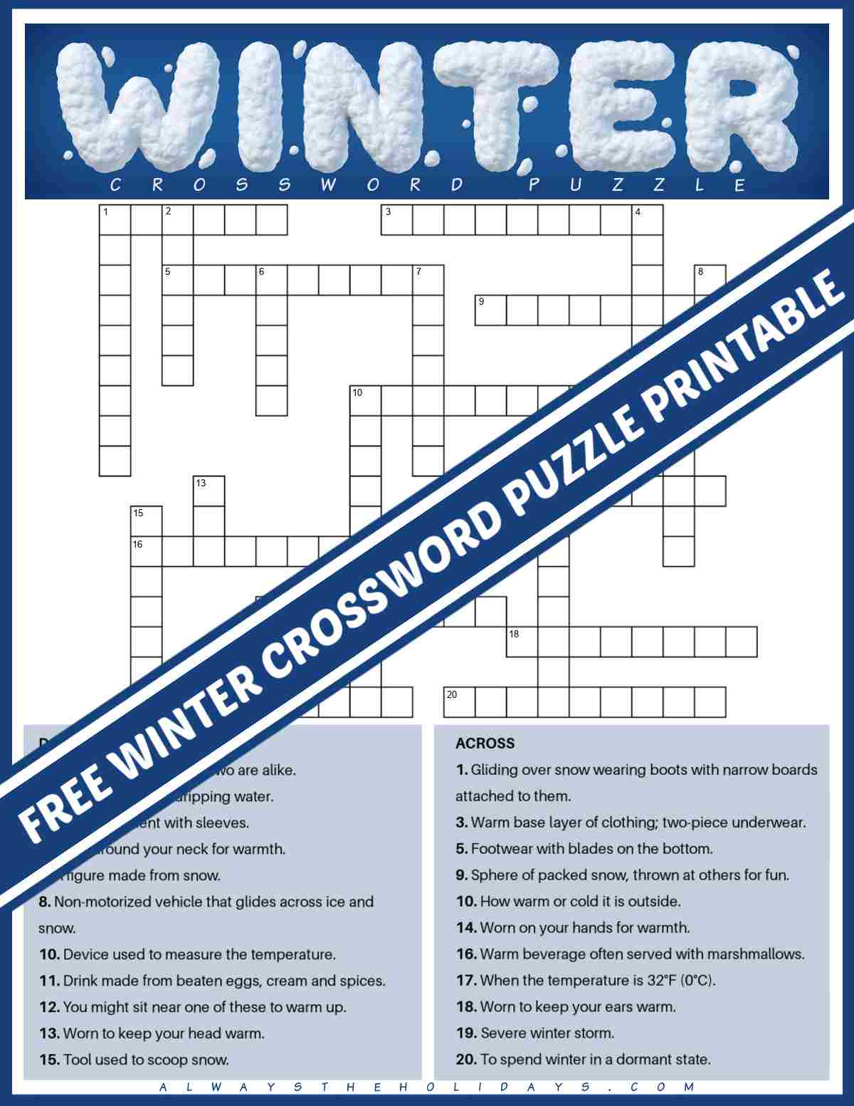 A winter crossword printable with a navy blue banner running diagonally across the image with white lettering that says free winter crossword puzzle printable.