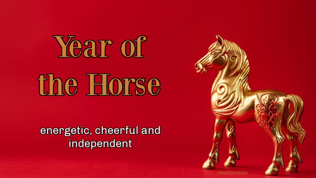 A golden horse on a red background with text reading Year of the horse - energetic, cheerful and independent.