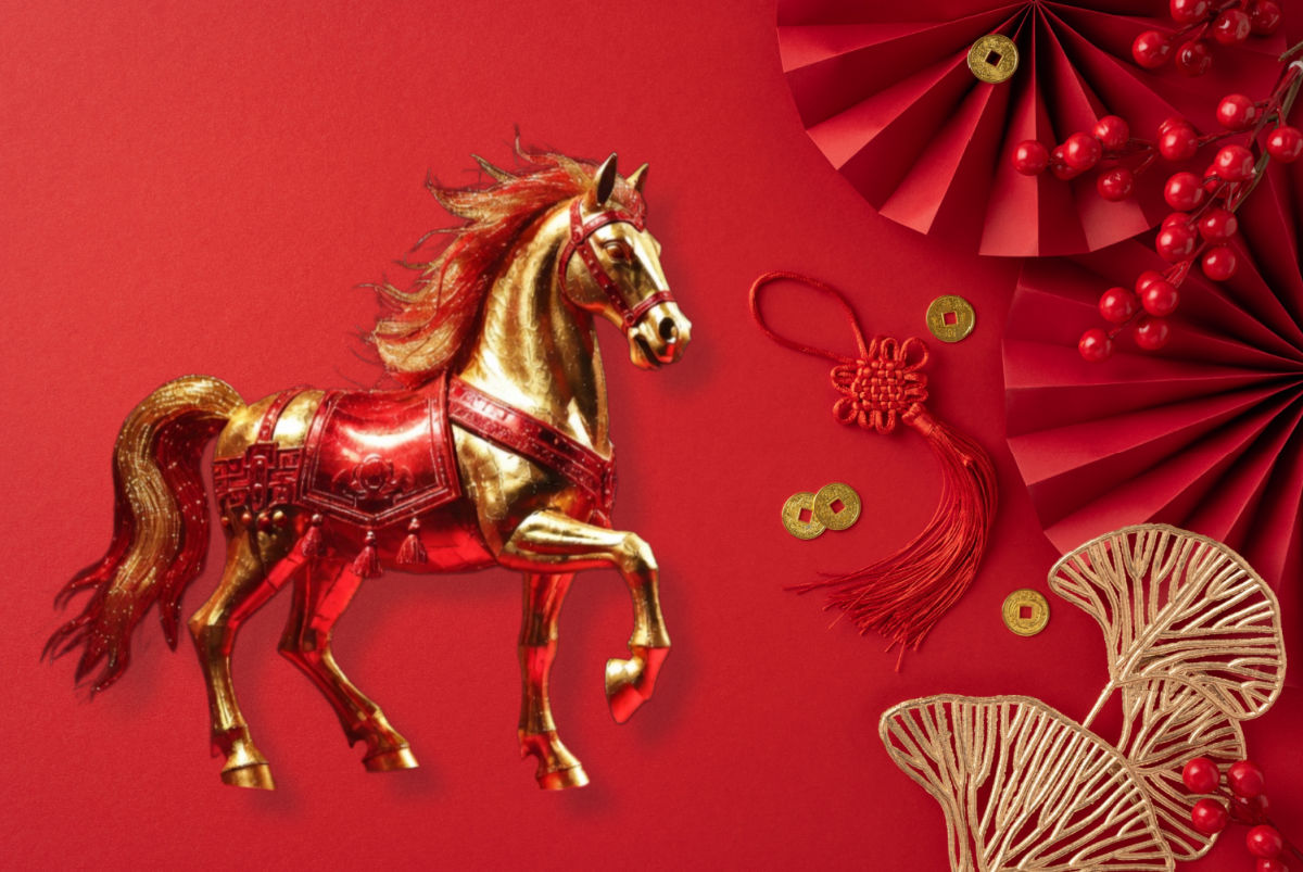 Chinese zodiac horse with red envelopes and coins representing festive luck and cultural traditions for the Year of the Horse.