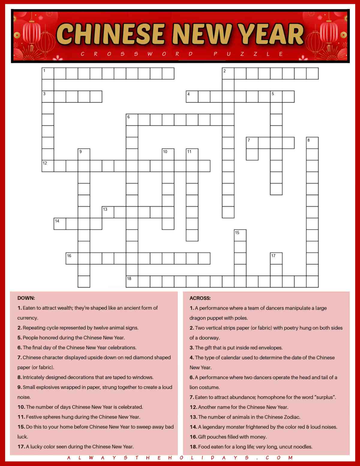 A Chinese New Year crossword puzzle printable with 22 clues at the bottom, the word puzzle in the center and a yellow text overlay in a red box that says Chinese New Year crossword puzzle.