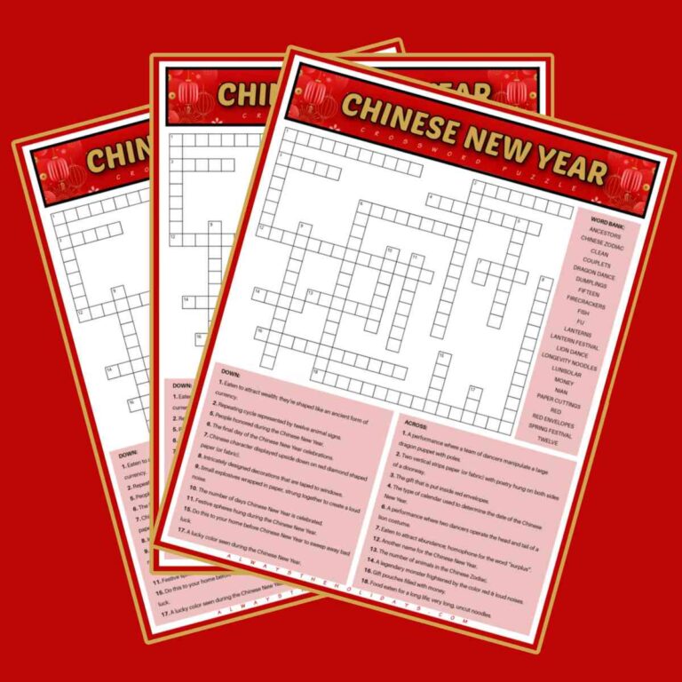 Three Lunar New Year printables fanned out on a red background, each one of which is a Chinese New Year crossword puzzle with a word bank.