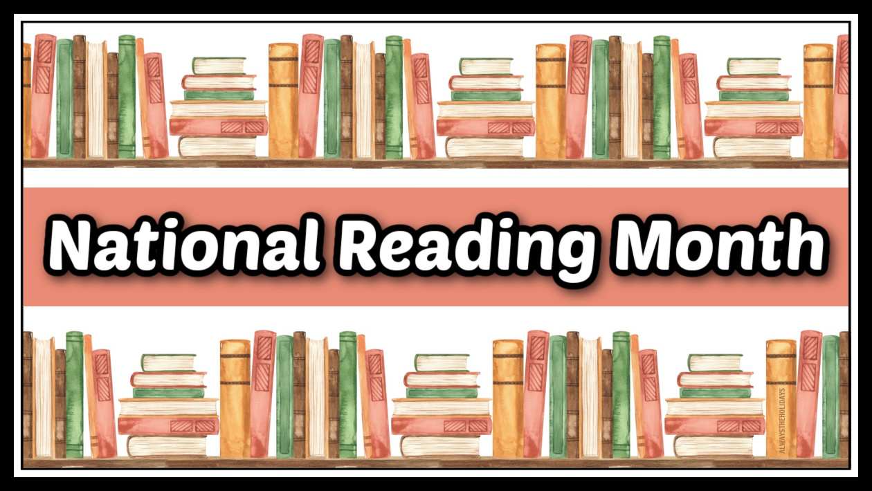 Two rows of books on shelves with a pinkish tan rectangle between the two with a text overlay that says National Reading Month.