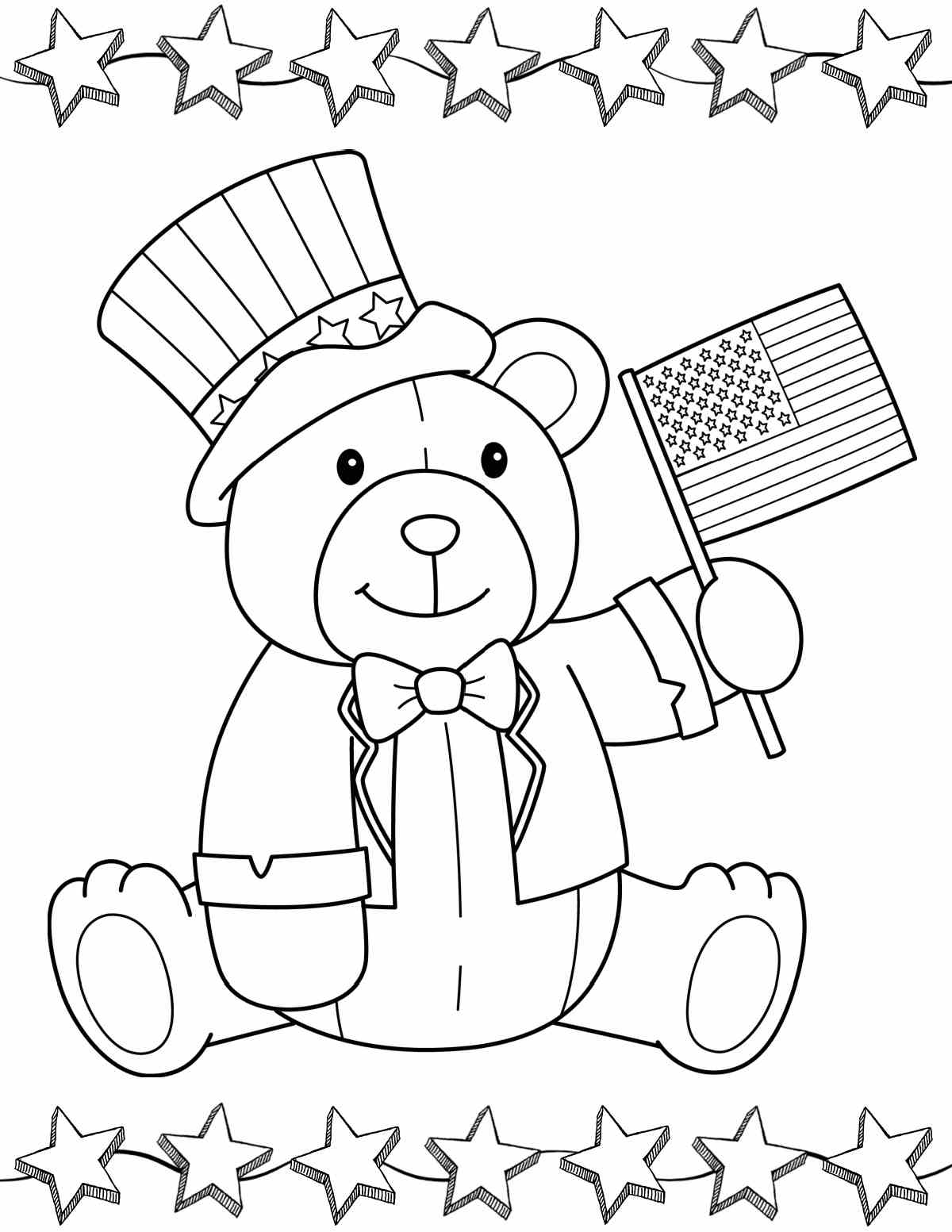 A free flag coloring pages printable featuring a teddy bear dressed up for the 4th of July, holding a small flag, with a border of stars above and below him.