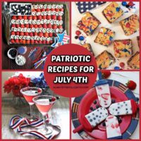 A square collage of 4 Independence Day recipes with a red circle in the center with white text on it that says patriotic recipes for July 4th.