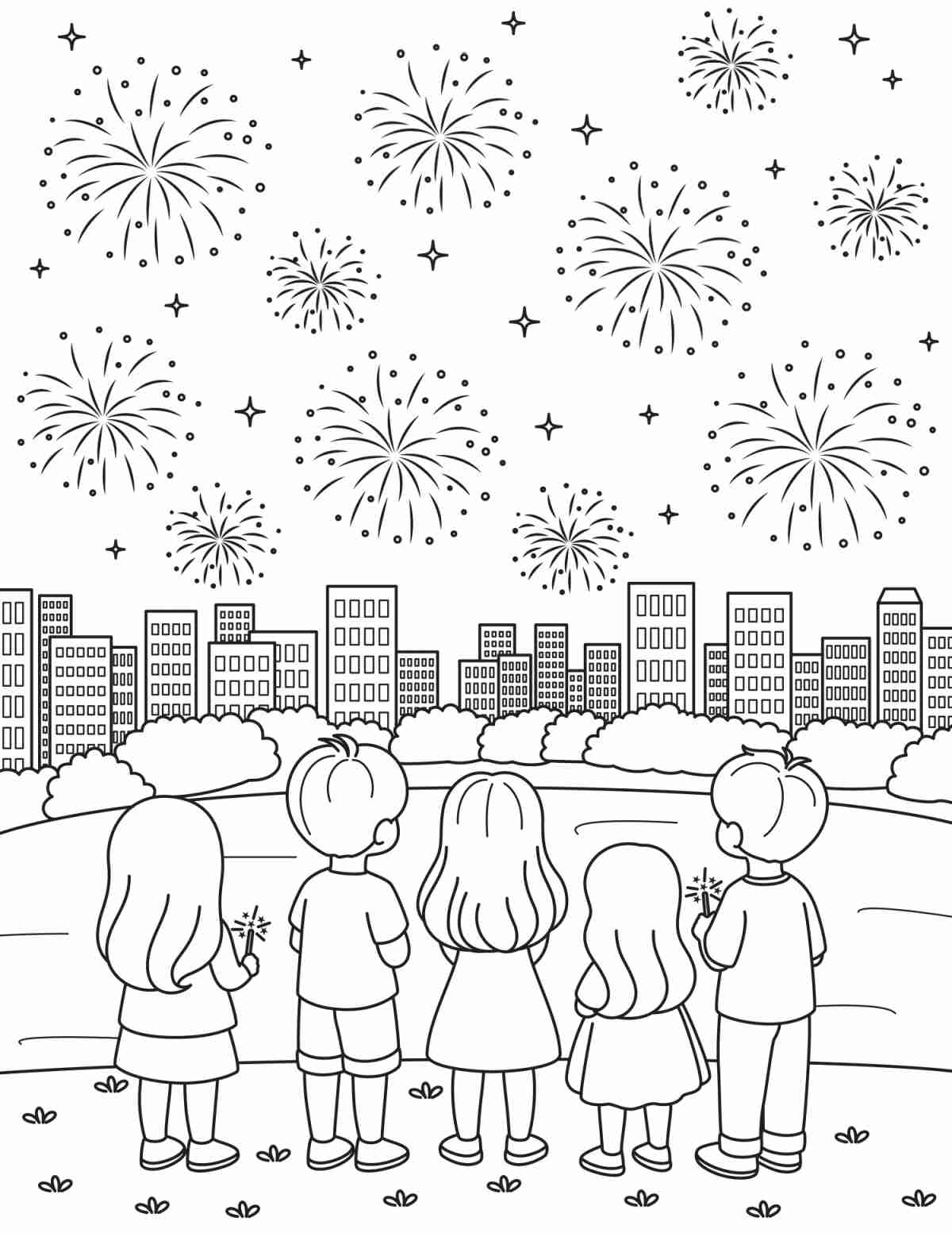 A fireworks coloring pages printable that has five children watching fireworks explode over a city skyline.