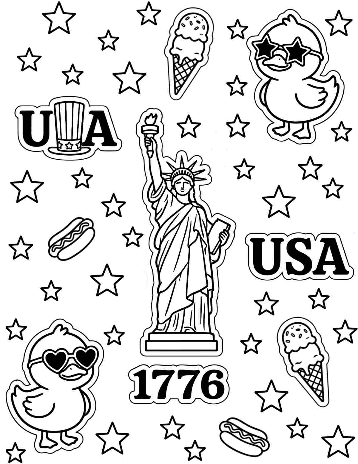 A free USA coloring pages printable with the statue of liberty in the center, the letters USA, two ducks, hot dogs, ice cream and stars filling the image.