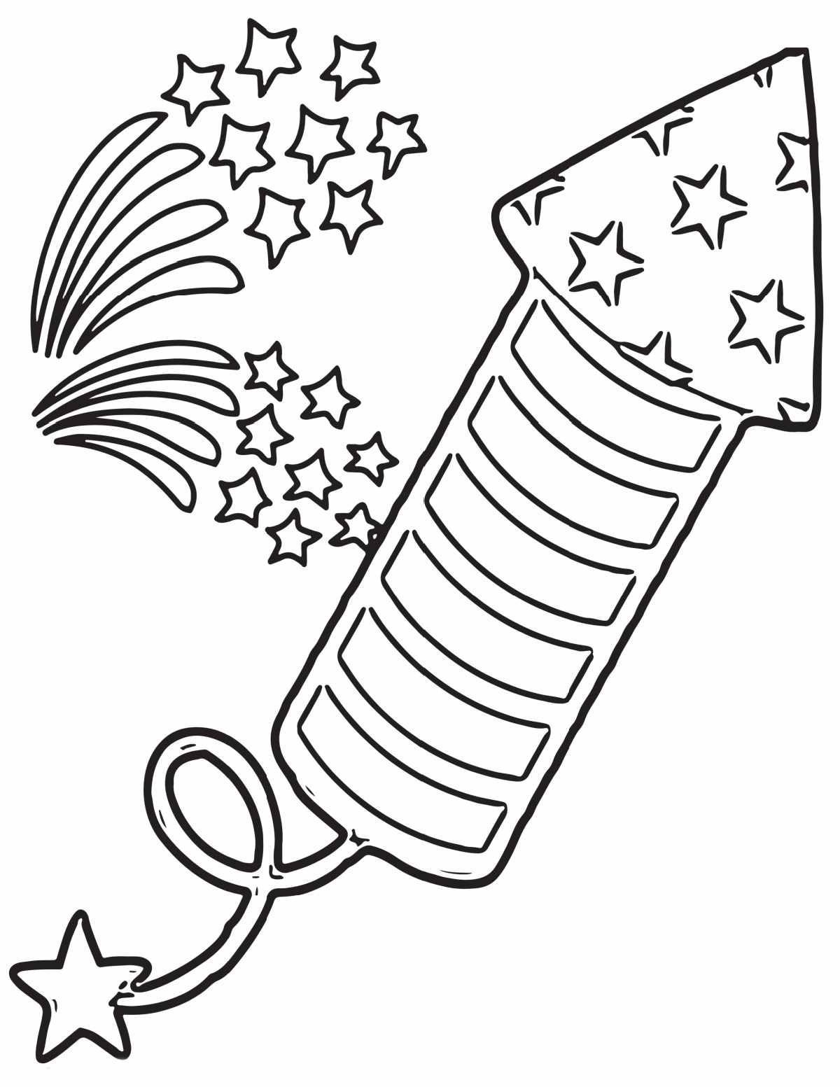 A fireworks coloring pages printable that features one large firework in the center, with tiny stars to the left of it.