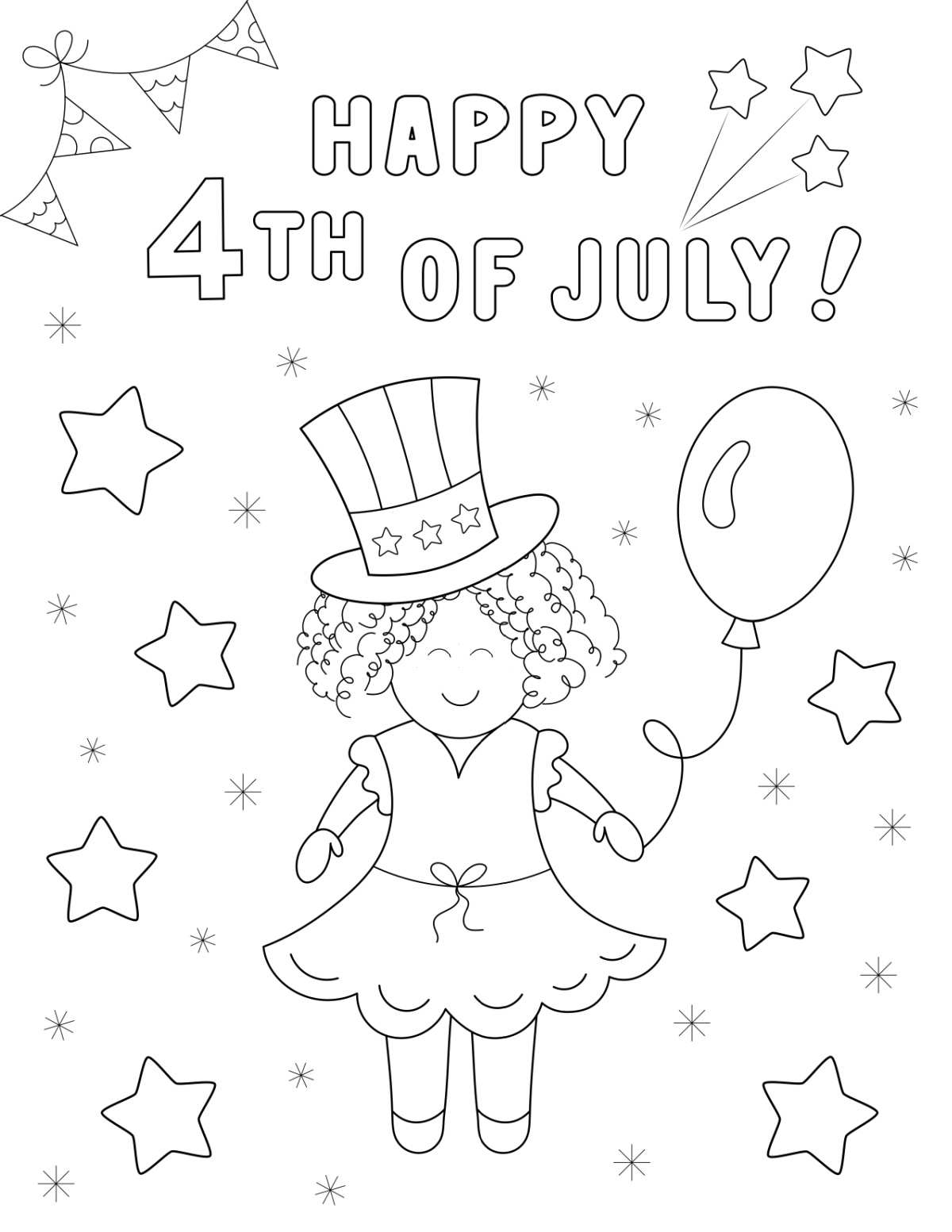 A patriotic coloring pages free printable with a little girl holding a balloon surrounded by stars with text that says Happy 4th of July at the top.