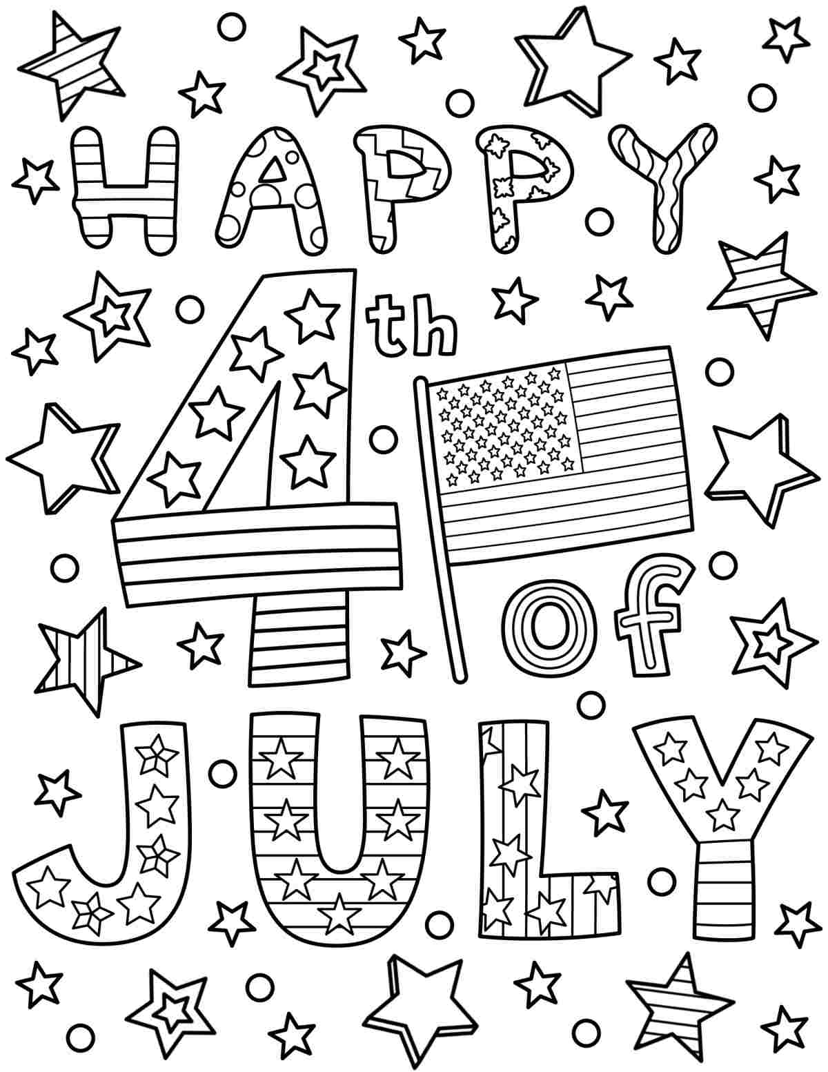 A free 4th of July coloring sheets printable that says happy 4th of July in block letters, with various stars and a flag around the text.