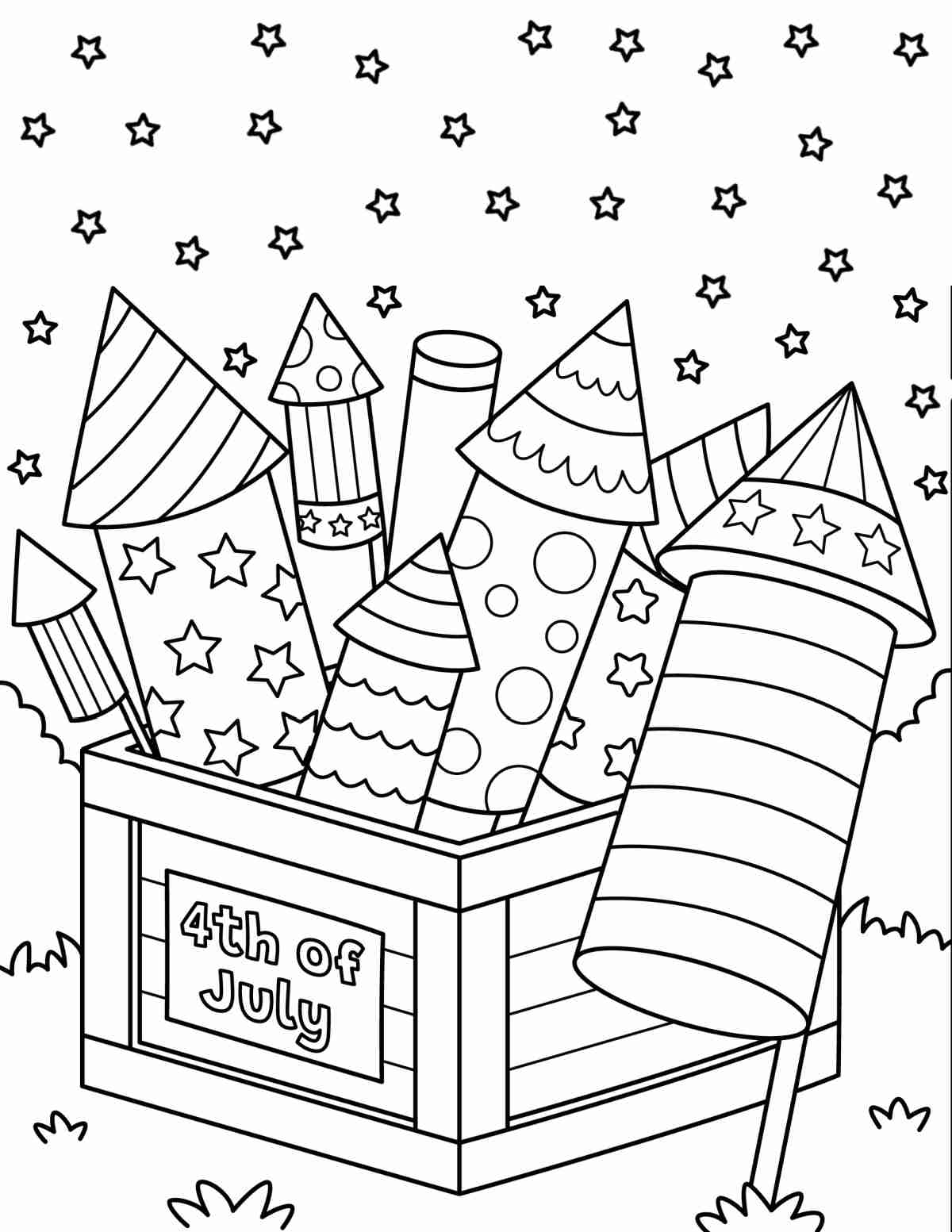 A July 4th coloring sheets free printable that features a box of fireworks that say 4th of July on the box, sitting a on a hill with stars in the sky.