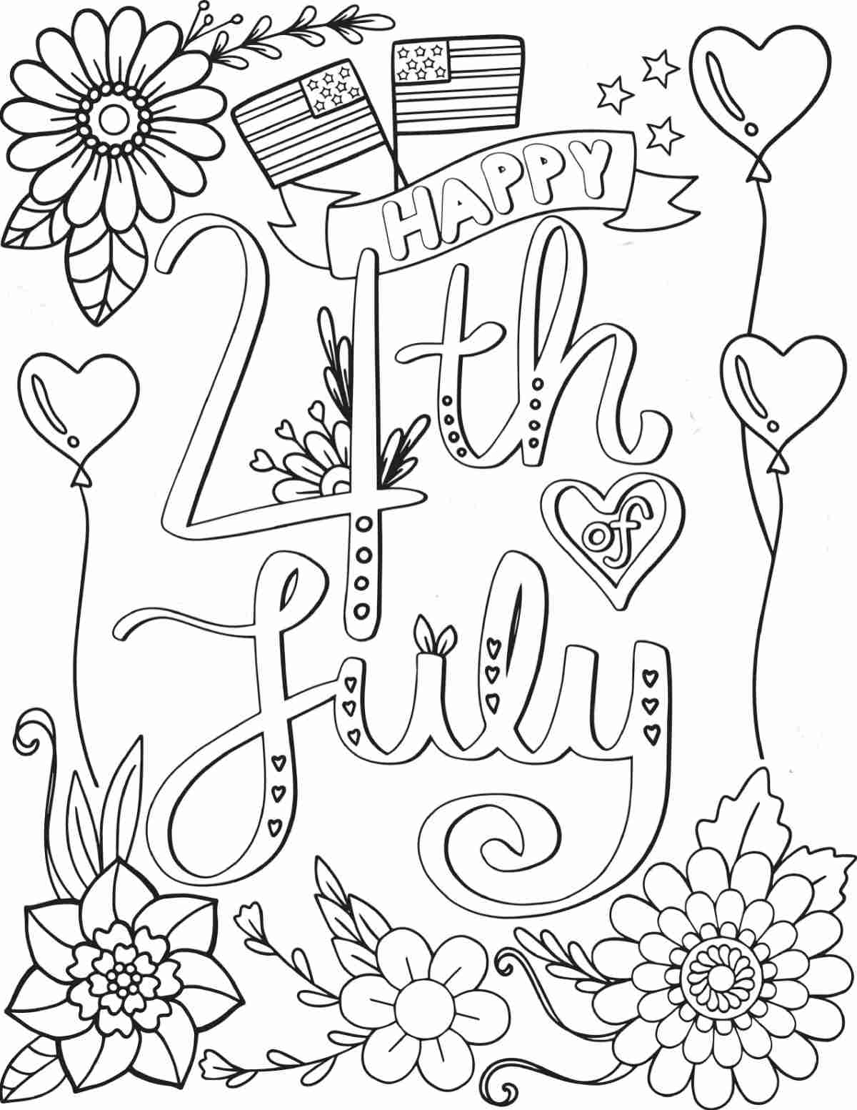 A printable 4th of July coloring pages free image that says Happy 4th July in the center, and has hearts, flowers and flags around it.