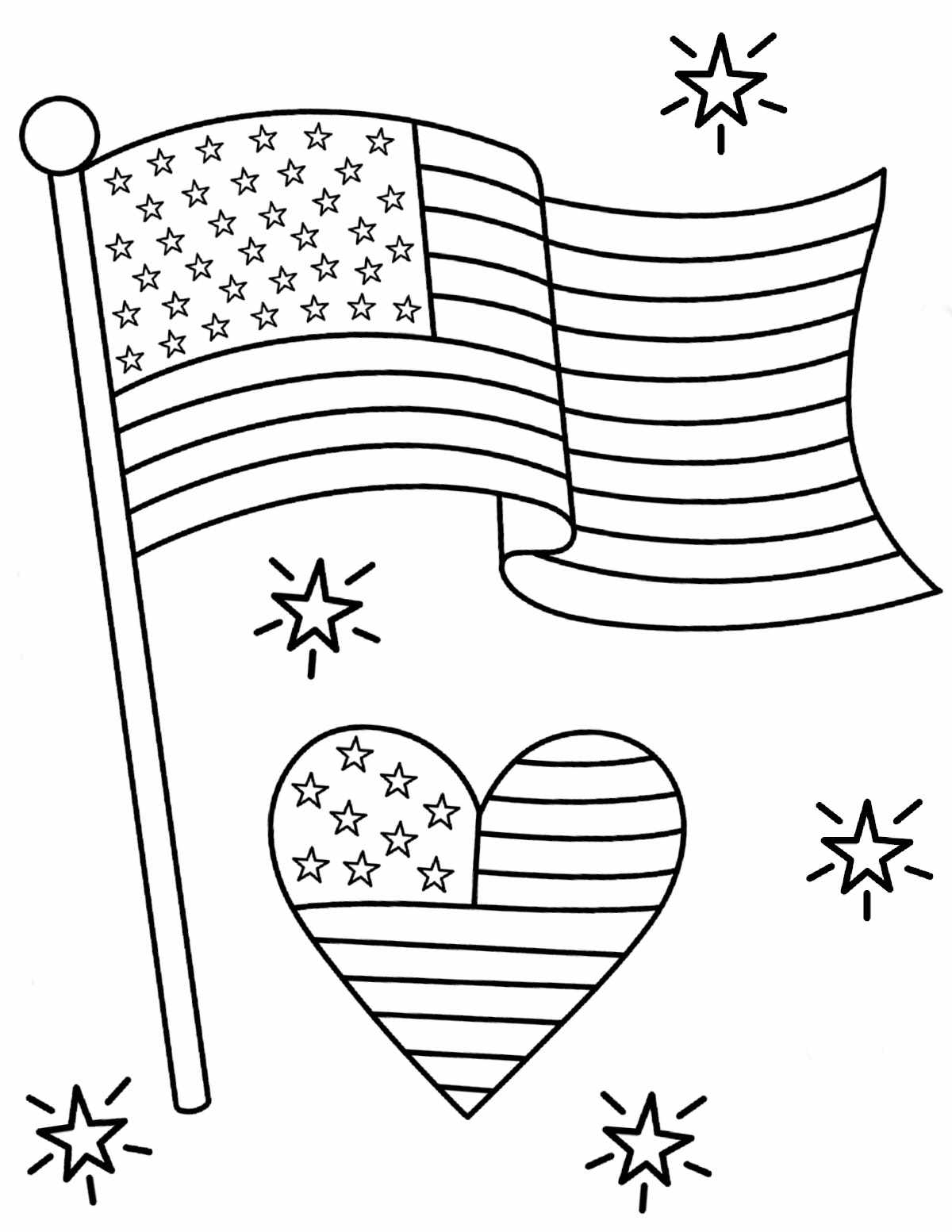 A flag coloring page printable that has one big flag, with a heart that has a flag design on it, surrounded by little stars.
