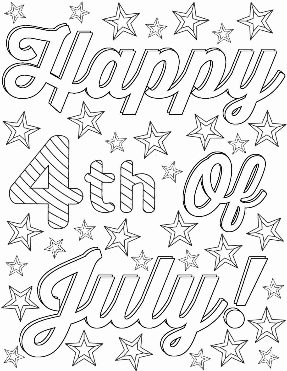 A happy 4th of July coloring pages printable with cursive lettering saying Happy 4th of July, and the 4th lettering is striped, with stars all around the text.