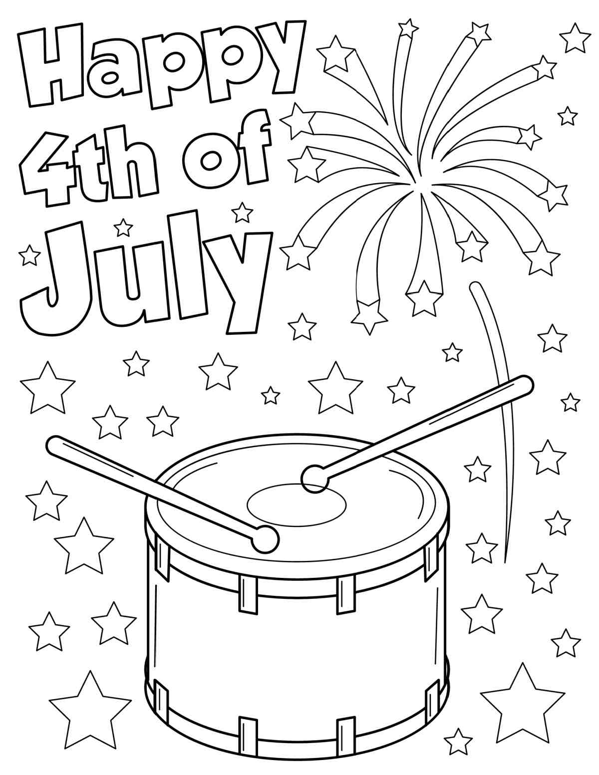 A happy Fourth of July coloring pages printable that says Happy 4th of July in block lettering the top left, with a firework in the top right, and a drum and drumsticks beneath them.