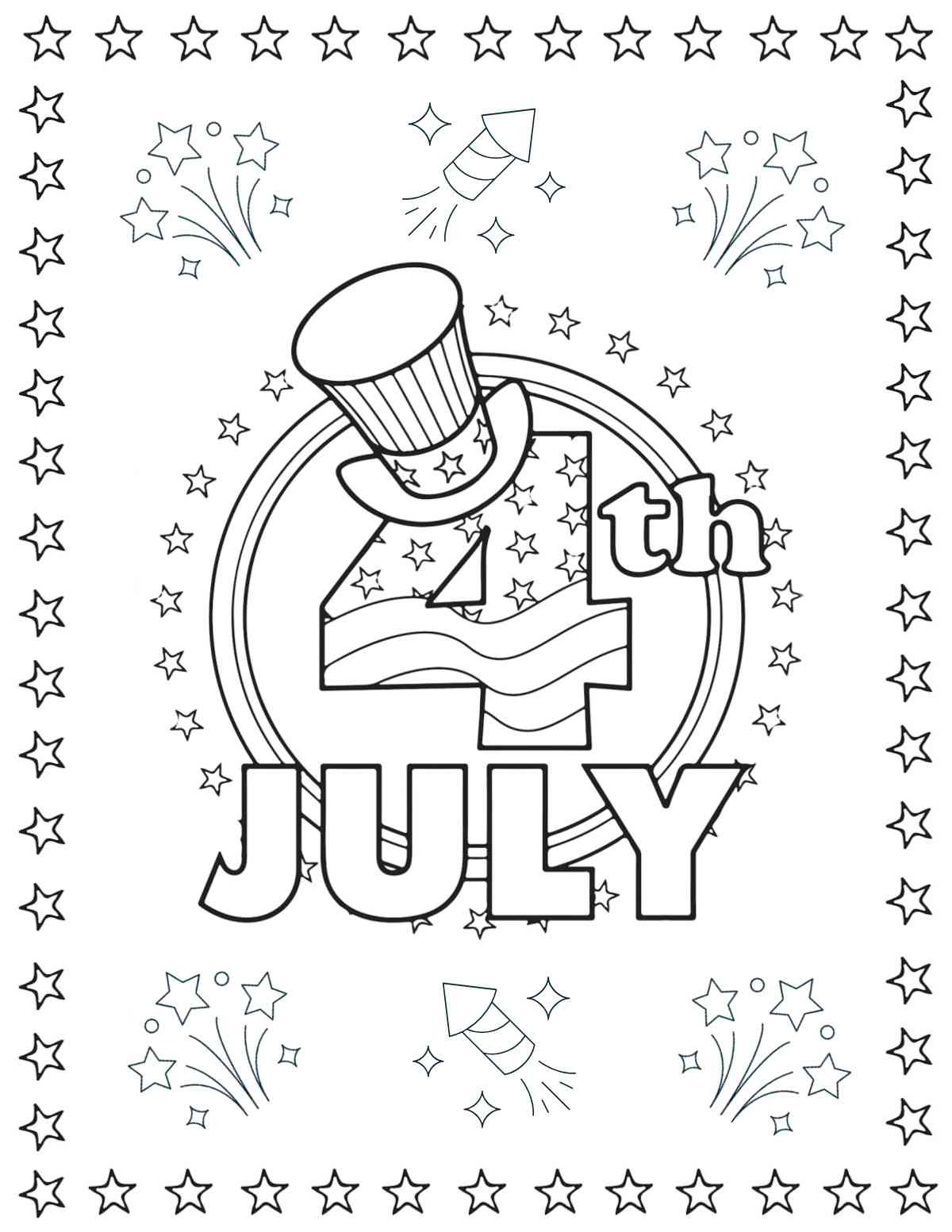 A free Fourth of July coloring pages printable that has a border of stars, with bubble letters that say July 4th with a top hat on them in the center, all surrounded by two circles, a circle of stars and fireworks.
