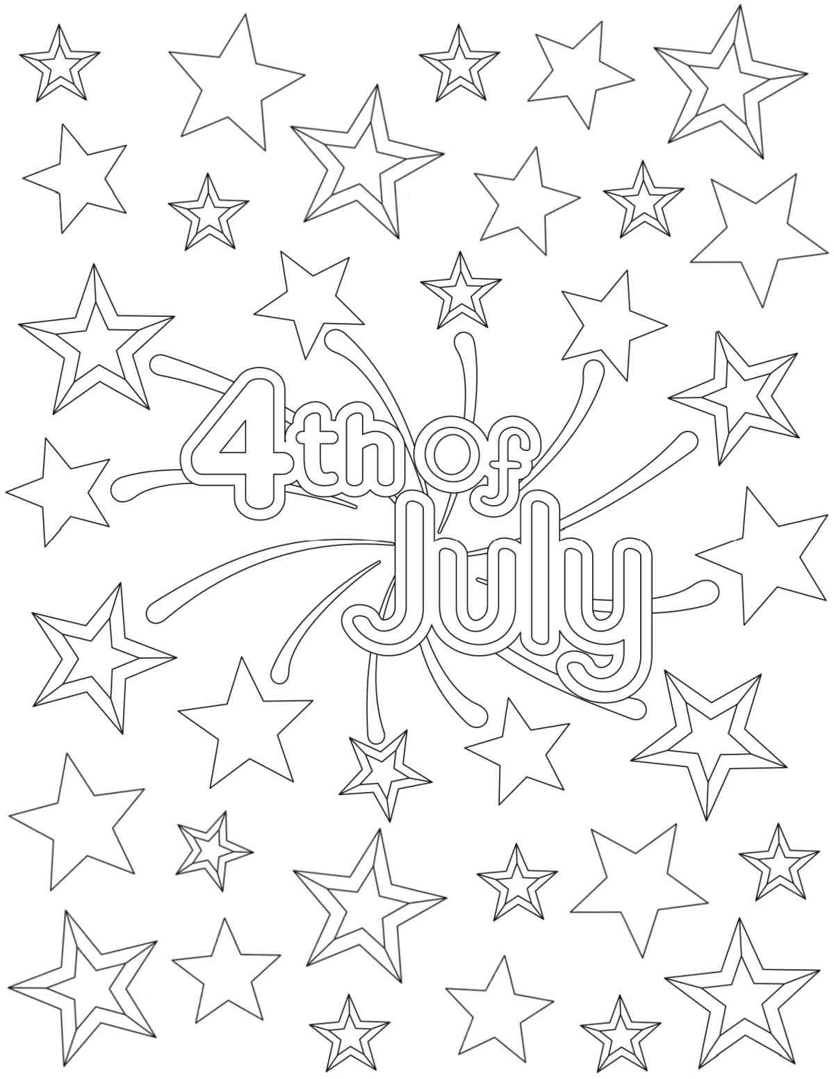 A free 4th of July coloring pages image that says 4th of July in the center, and the text is surrounded by a sunburst, with extra stars all around it.