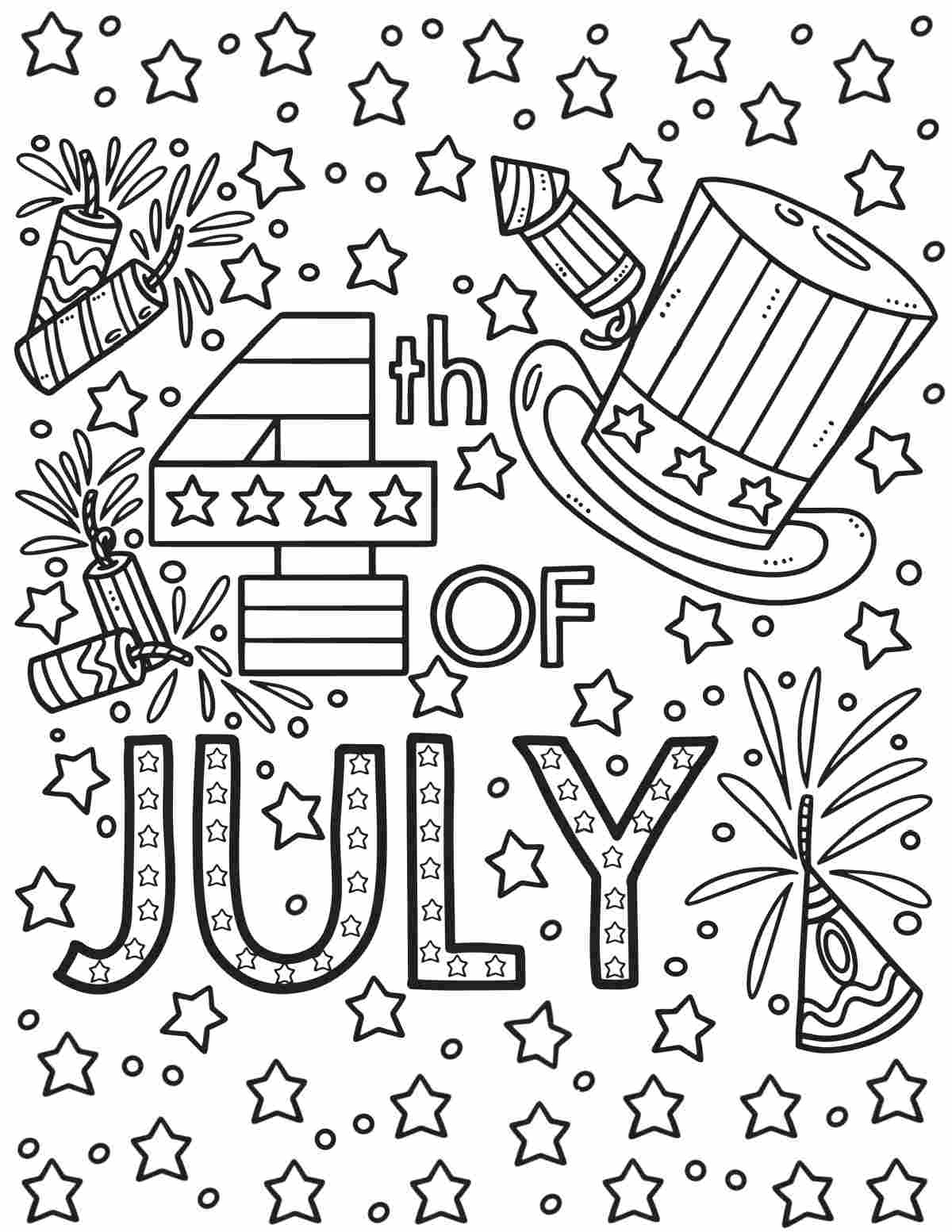A free 4th of July coloring sheets printable that is filled with stars, and has 4th of July in the center, with fireworks and a top hat near the lettering.