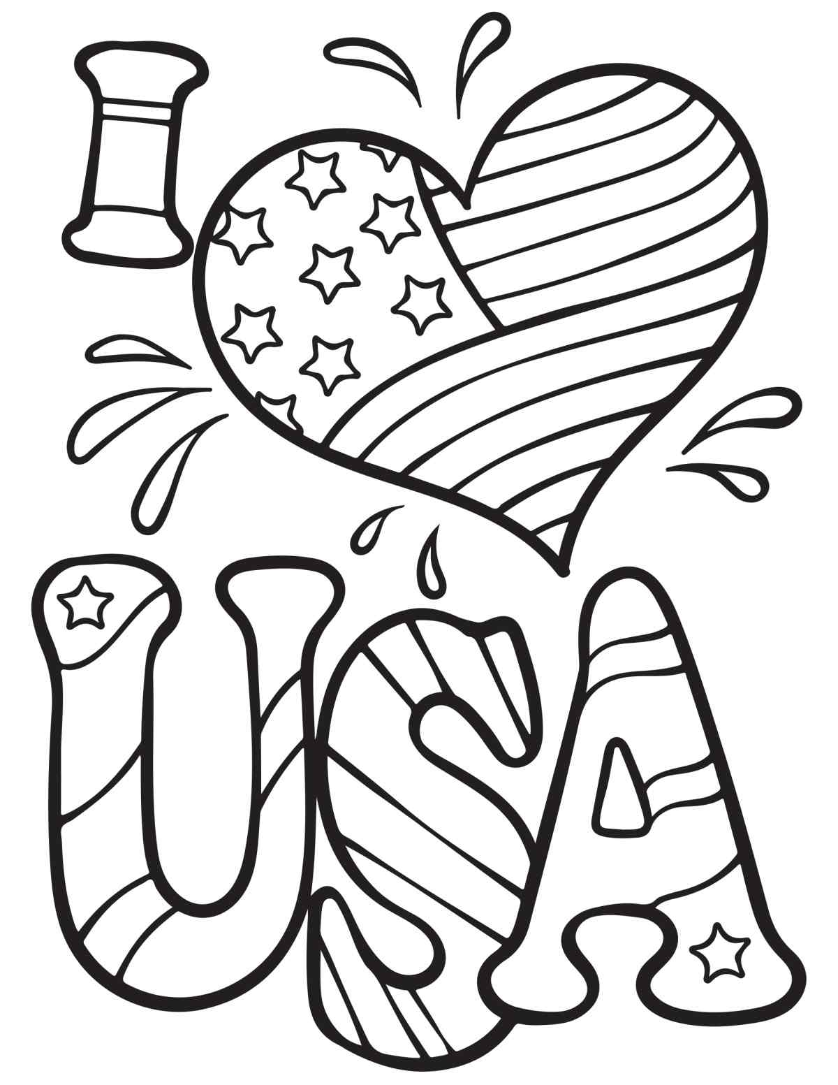A free flag coloring sheets printable with I heart USA on it, with USA having stripes, and the heart having a flag pattern.