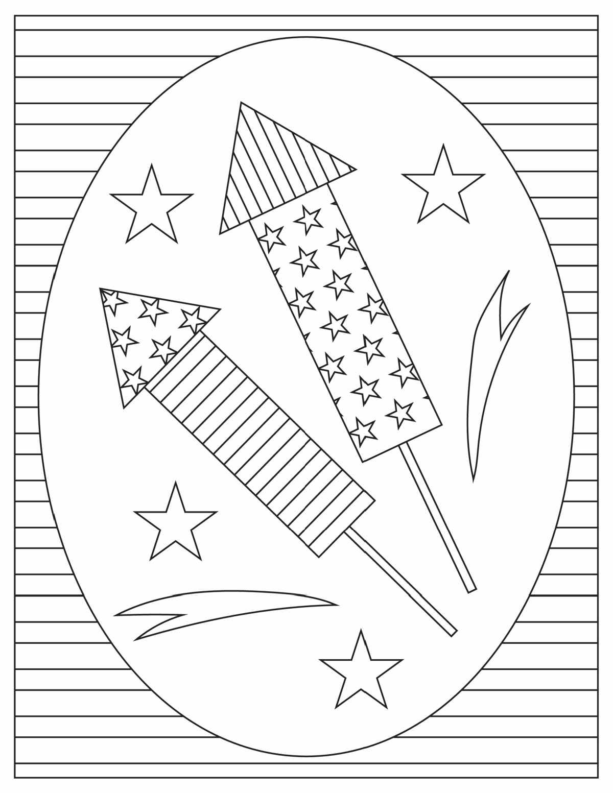 A free Independence Day coloring pages printable, with two fireworks in a circle with stars around them, and a striped background outside of the circle.