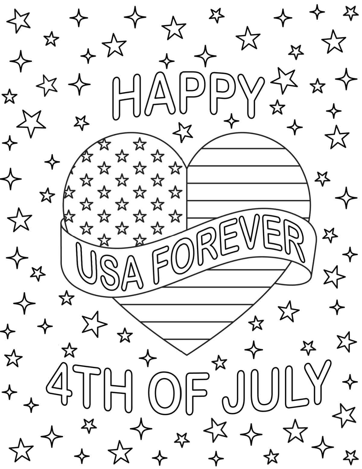 A free flag coloring pages printable with a heart in the center that has a flag on it, and a banner that says USA forever, on a background filled with stars that has text that reads Happy 4th of July.