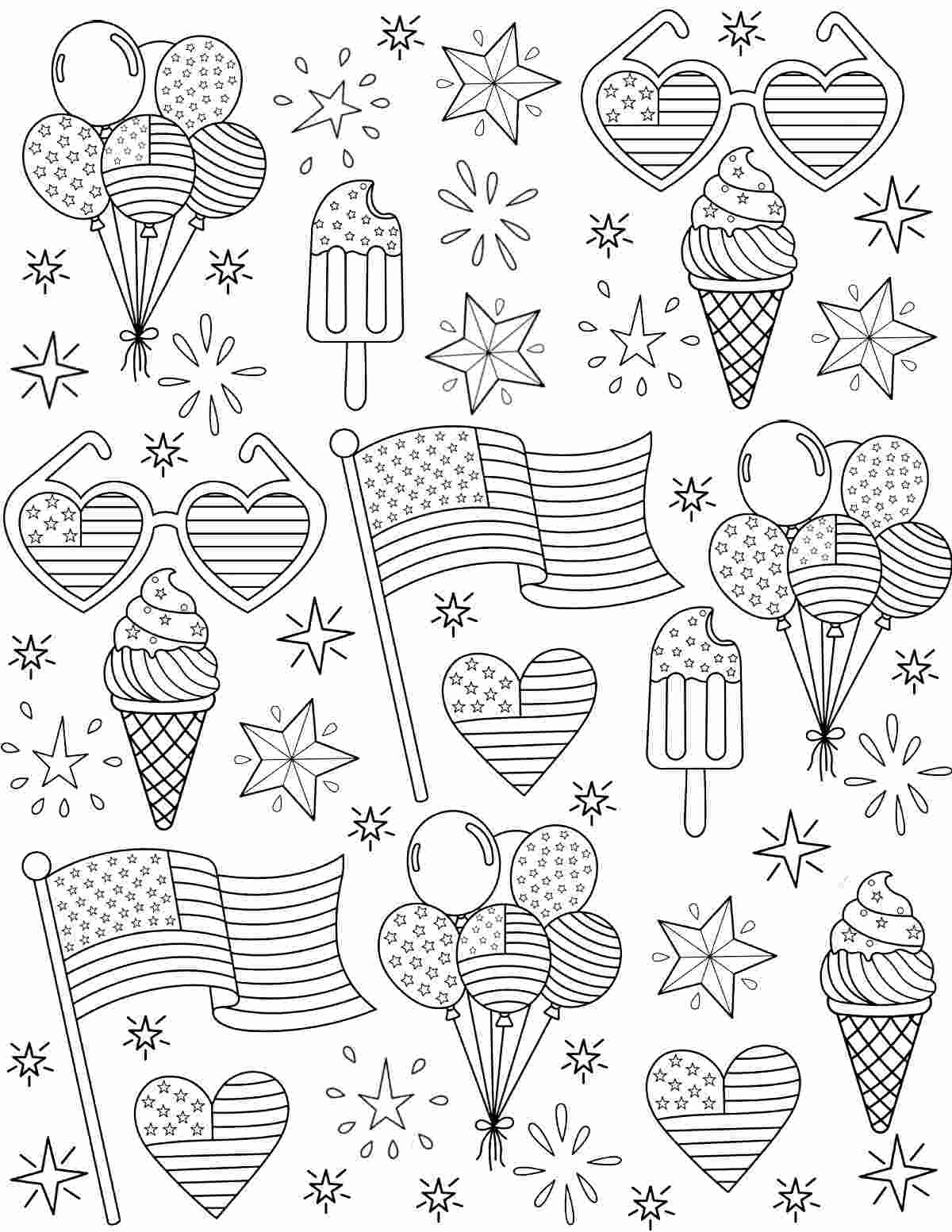 A free printable Fourth of July coloring pages image filled with stars, balloons, ice cream, sunglasses, flags and popsicles.