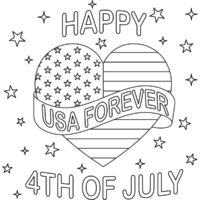 A free USA coloring pages printable with a heart in the center that has a flag on it, and a banner that says USA forever, on a background filled with stars that has text that reads Happy 4th of July.