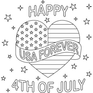 A free USA coloring pages printable with a heart in the center that has a flag on it, and a banner that says USA forever, on a background filled with stars that has text that reads Happy 4th of July.
