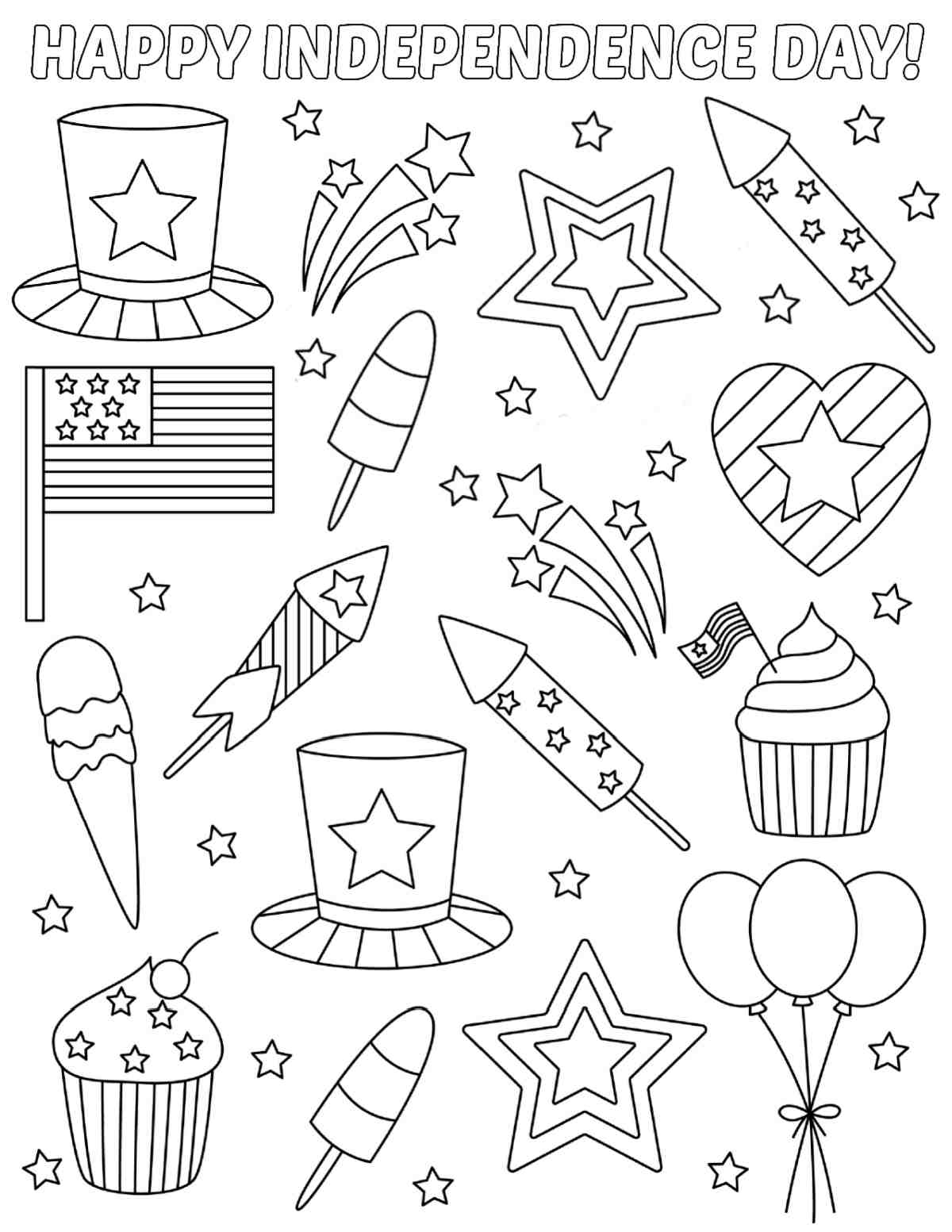 A free printable Fourth of July coloring sheets image with firecrackers, a top hat, flags, popsicles, ice cream, balloons stars and fireworks with text that says Happy Independence Day at the top.