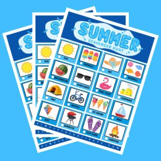 Three free printable summer scavenger hunts fanned out across a medium blue background.