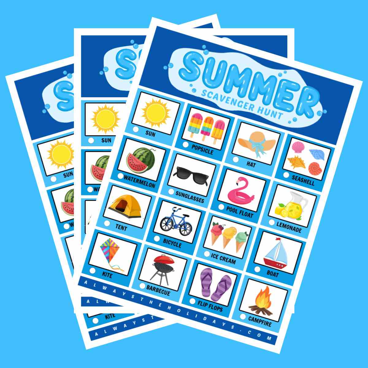 Three free printable summer scavenger hunts fanned out across a medium blue background.