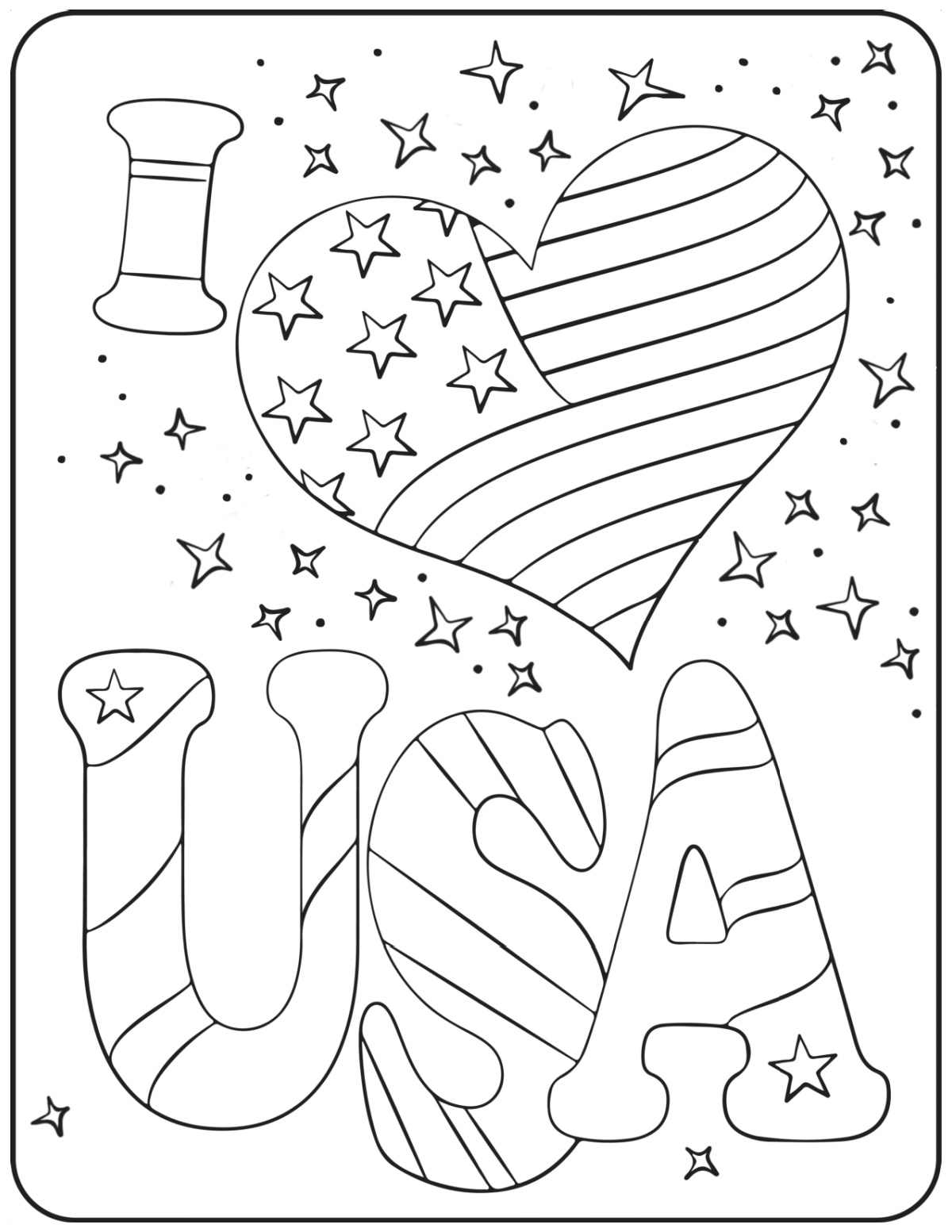 An I heart USA coloring sheets printable, where the heart is filled in with a flag, surrounded by little stars.